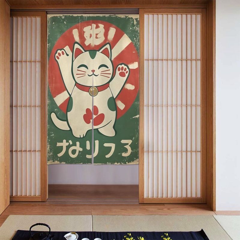 Noren Curtain Doorway - VIKAMA Retro Yeşil Maneki Neko Kapı