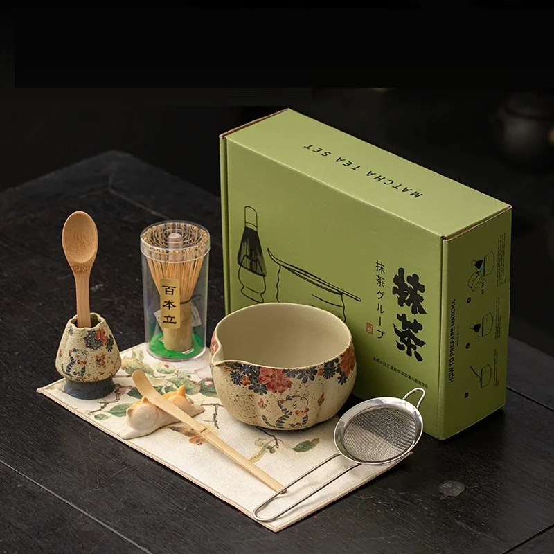 Matcha Bowl Chawan - 8 Parça Japon Çakmaktaşı Kırmızı Matcha